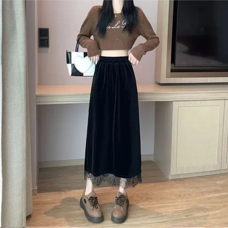 韩版秋冬新款黑色金丝绒蕾丝拼接半身裙女高腰气质中长款包臀裙子