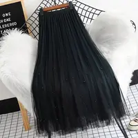 两面穿纱裙百褶裙高腰减龄钉珠网纱半身裙女中长款大摆长裙子