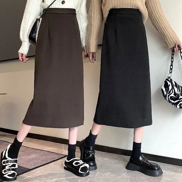 韩版直筒毛呢半身裙女2025新款早春款复古高腰后开叉包臀裙一步裙