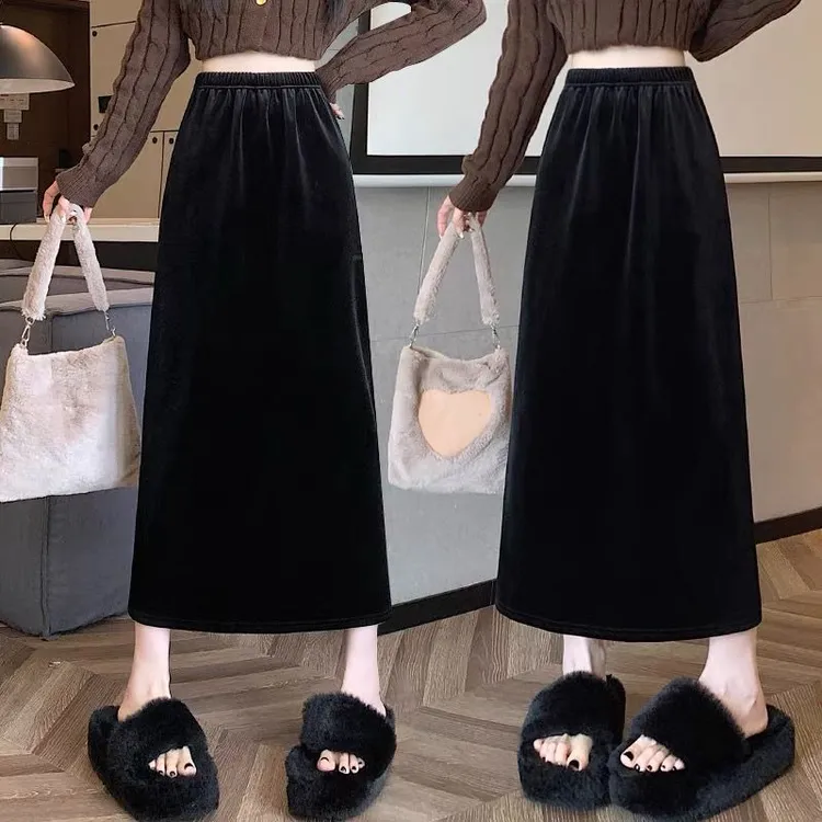 2025春秋新款金丝绒半身裙女减龄高腰中长款包臀裙开叉百搭一步裙