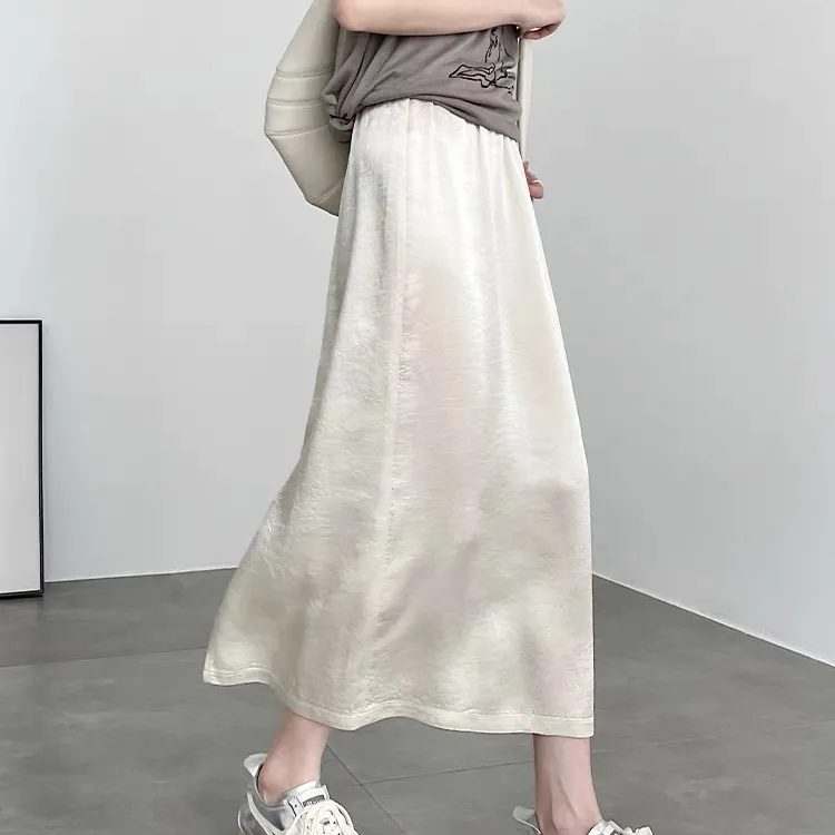 新中式醋酸缎面半身裙女2025夏季新款高腰中长款a字裙显瘦包臀裙