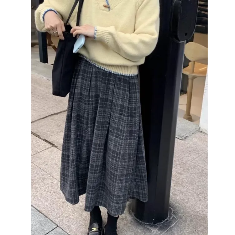 复古毛呢格子裙半身裙女早春款小个子高腰显瘦休闲慵懒风a字裙女
