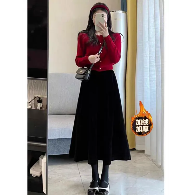 丝绒a字大摆中长款半身裙早春2025新款小香风蓬蓬裙气质减龄裙子