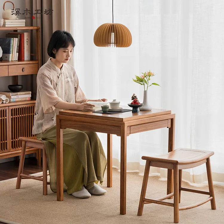 实木家用阳台小茶桌新中式休闲小方桌储物方形茶台简约岩板泡茶桌