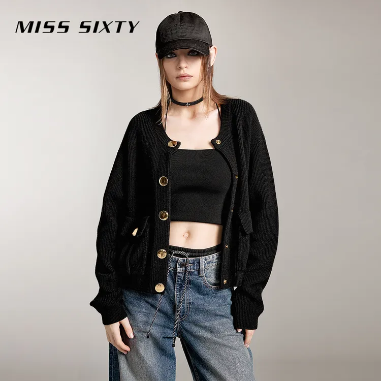 Miss Sixty绵羊毛针织外套女圆领短款简约小香风毛衣