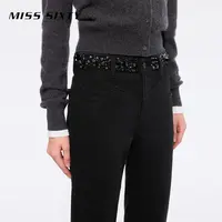 Miss Sixty新款牛仔裤女复古喇叭裤重工钉珠磨毛小黑裤