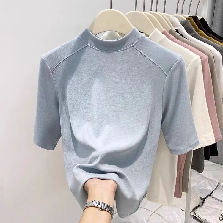 单/两件半高领内外穿洋气紧身半袖打底衫女五分袖上衣女修身新款