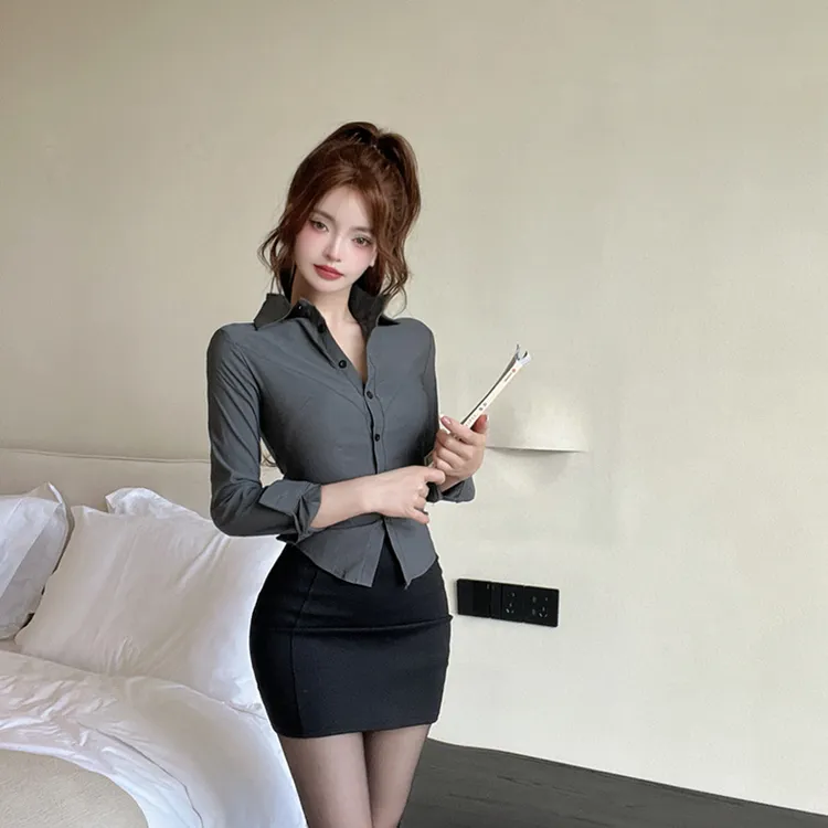 御姐气质纯欲收腰高级灰色衬衫女春夏季性感修身长袖衬衣包臀裙