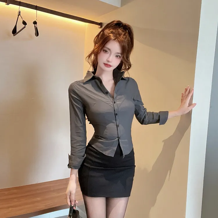 气质纯欲收腰高级灰色衬衫女性感修身长袖衬衣包臀裙工作服两件套