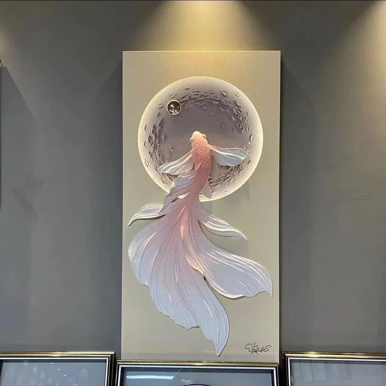 福雕家饰上游立体壁画客厅挂画走过道锦鲤灯光玄关现代轻奢装饰画