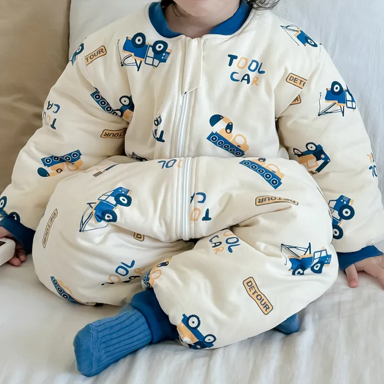 宝宝睡袋加厚夹棉秋冬拉链纯棉婴幼儿防踢被儿童1-3-9岁连体睡衣