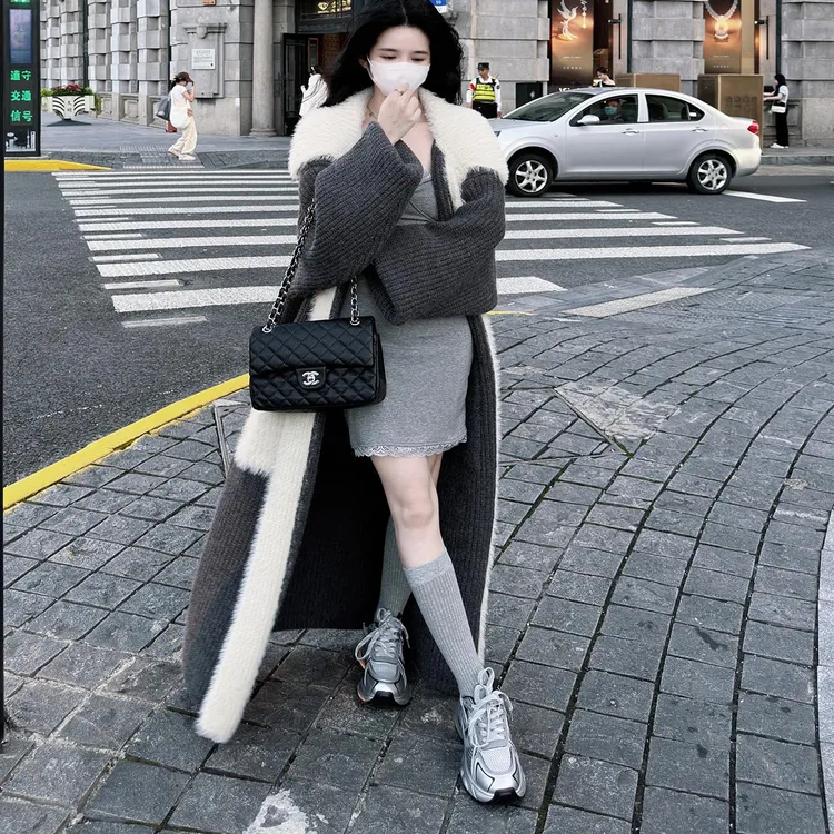 毛领过膝长款拼接毛毛高级感开衫毛衣秋冬宽松慵懒风外套气质加厚