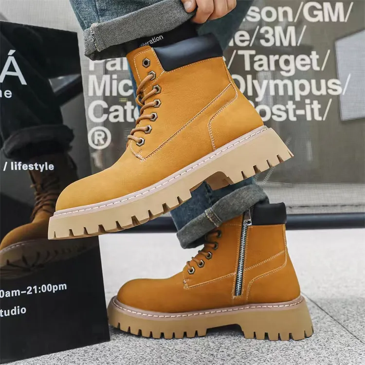 欧美工装中帮徒步马丁靴男厚底户外登山大黄靴英伦米奇大头德比靴