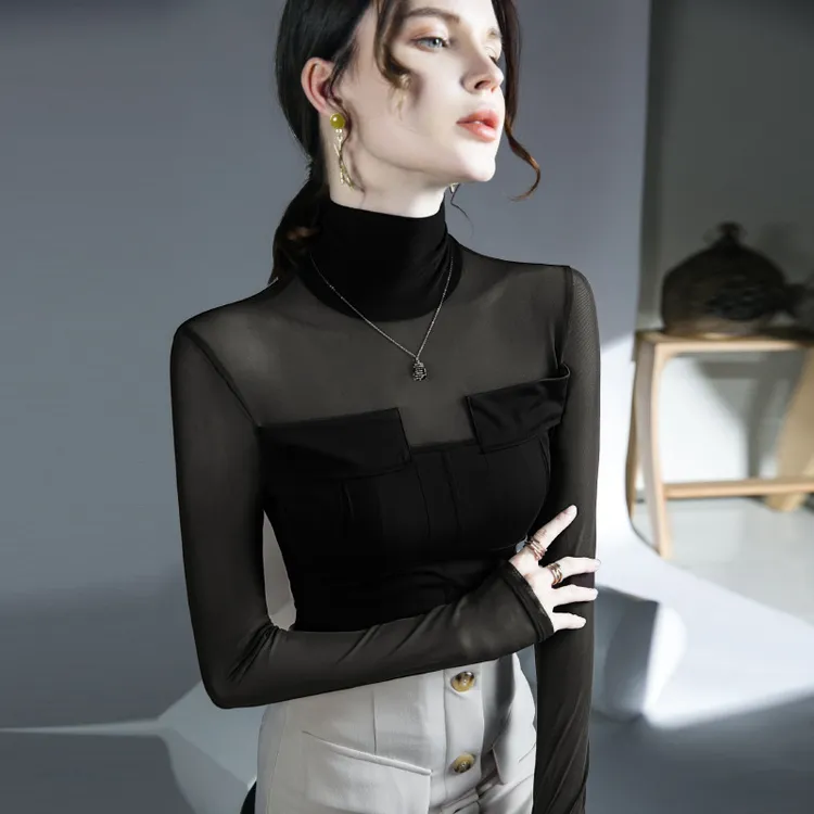 2025春秋新款网纱微透拼接上衣女内搭打底衫洋气高领长袖百搭小衫