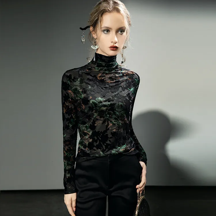 国风提花长袖秋冬新款气质打底上衣女弹力修身显瘦新中式高领小衫