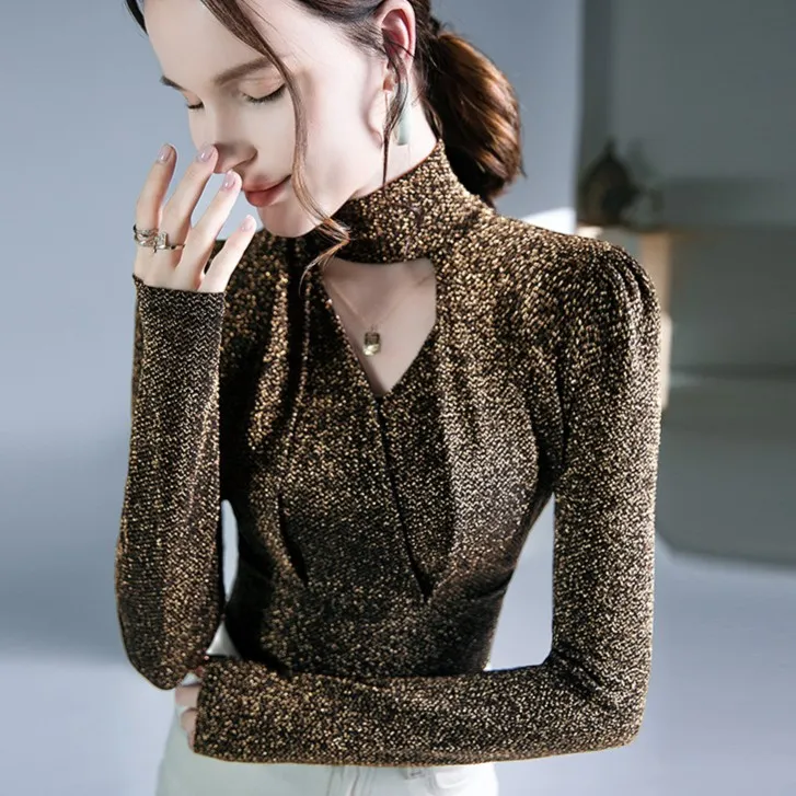 2025春季新款设计感亮丝长袖挂脖上衣女内搭打底衫洋气欧货小衫女