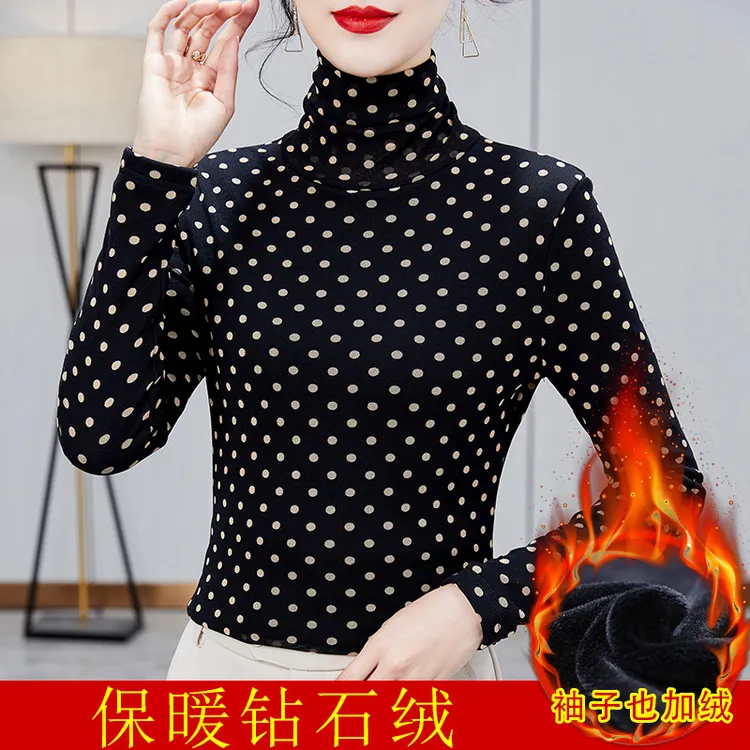 秋冬高领小衫女长袖上衣新款洋气波点印花内搭加绒保暖显瘦打底衫