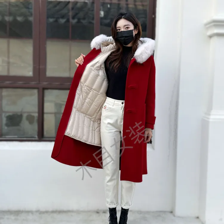 N579-冬季加厚韩系长款女士可拆卸内胆鹅绒大衣狐狸毛领羊毛外套