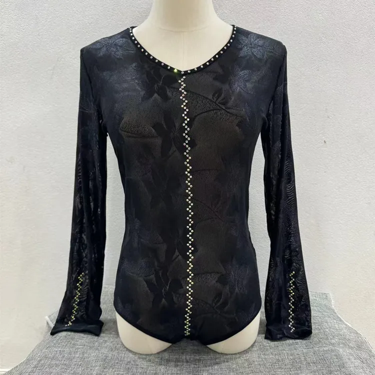新款伦巴舞上衣网纱提花连裆广场舞服装女交谊舞演出服舞蹈服秋季