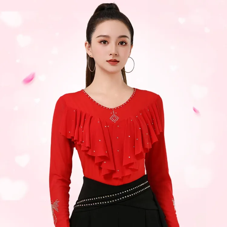 荷叶边舞蹈服女长袖摩登舞演出服红色交谊舞上衣三步踩广场舞服装