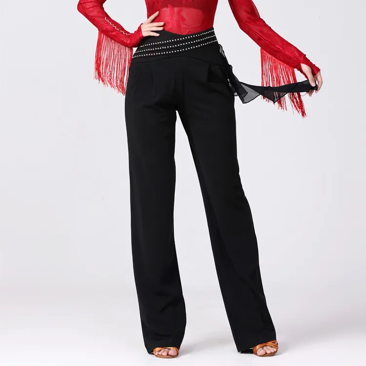 新款舞蹈裤拉丁舞长裤恰恰舞飘带广场舞裤摩登舞交谊舞裤演出秋季