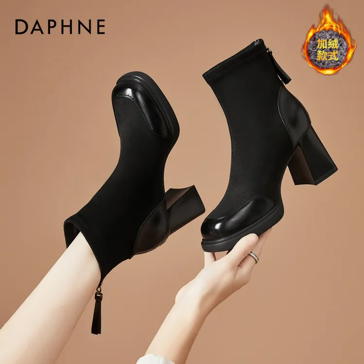 达芙妮高跟短靴女秋冬季2025年新款百搭马丁靴气质法式瘦瘦靴女靴