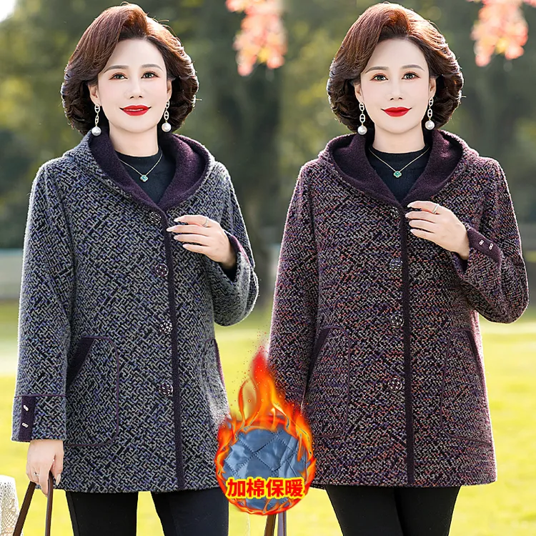 妈妈装冬季新款洋气水貂绒连帽保暖大衣中老年女装加棉毛呢外套女