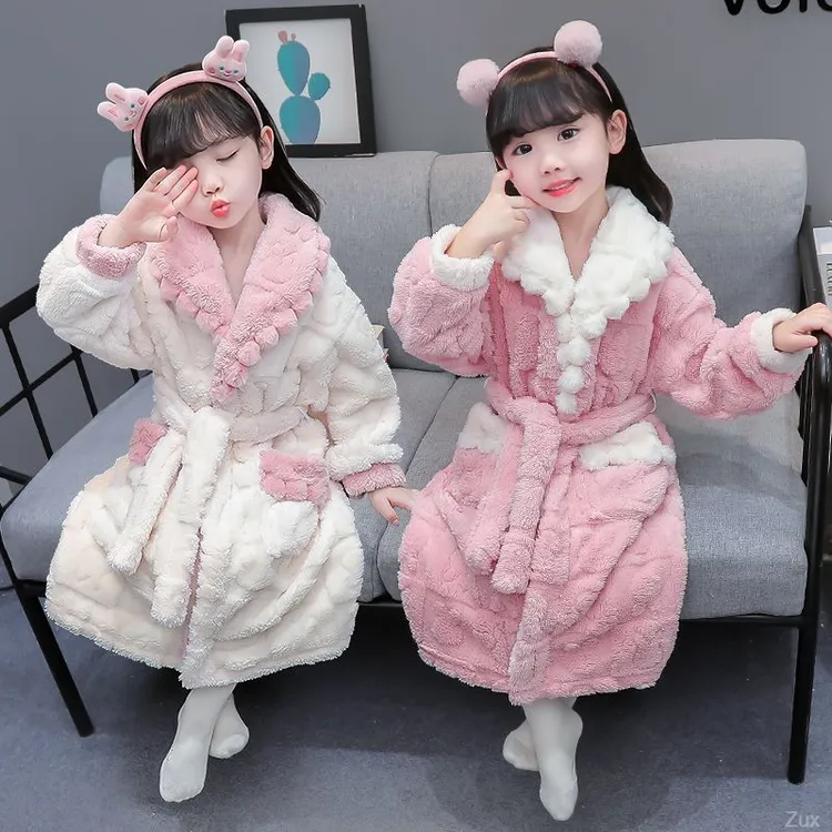 珊瑚绒成人童亲子装中小宝宝女大童女家居服睡袍秋冬加绒加厚浴袍