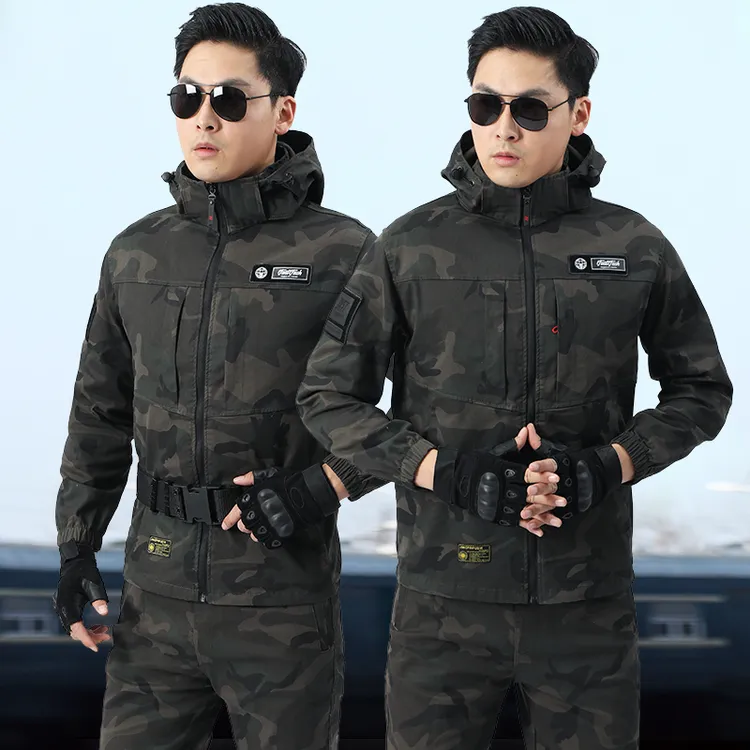 升级版可拆帽弹力棉质迷彩服套装男春秋季户外工装工作服耐烫耐磨