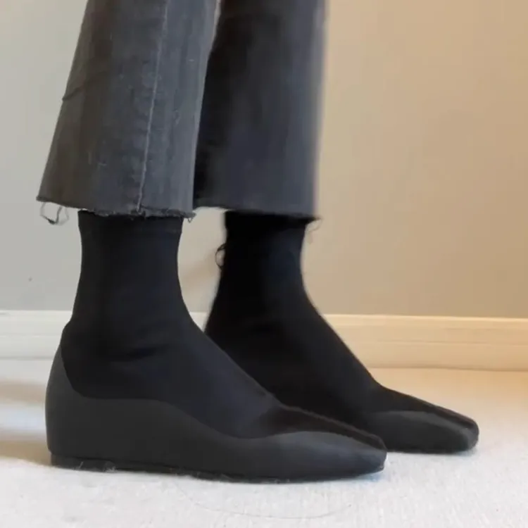 牛皮版！黑色短靴女方头极简风内增高包腿显瘦胖mm弹力莱卡瘦瘦靴