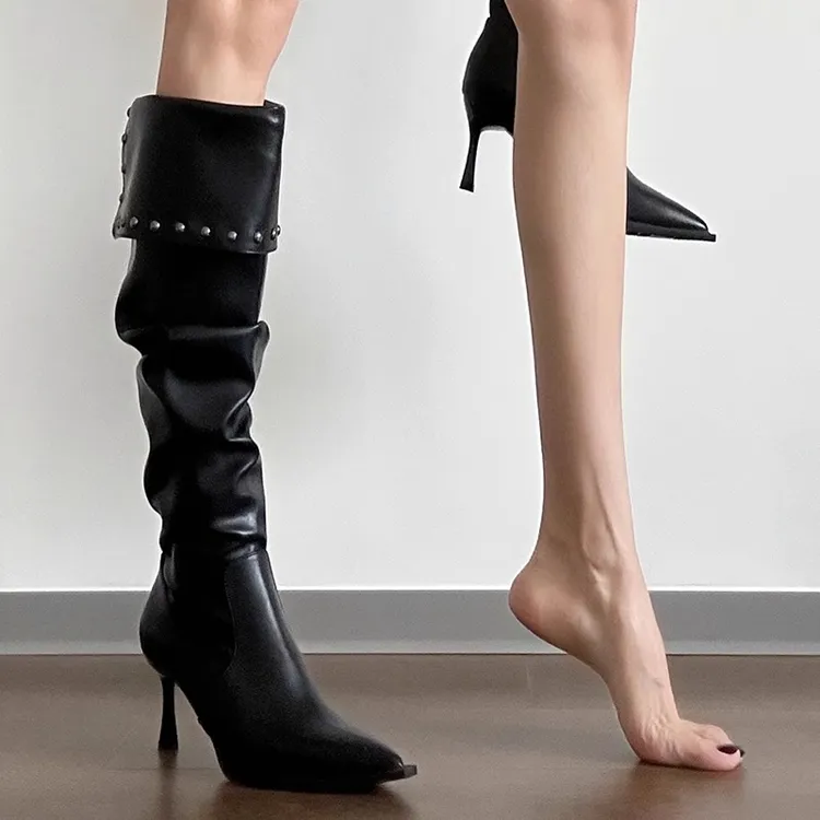 牛皮！黑色长筒靴女尖头显瘦褶皱堆堆小个子铆钉细跟不过膝骑士靴