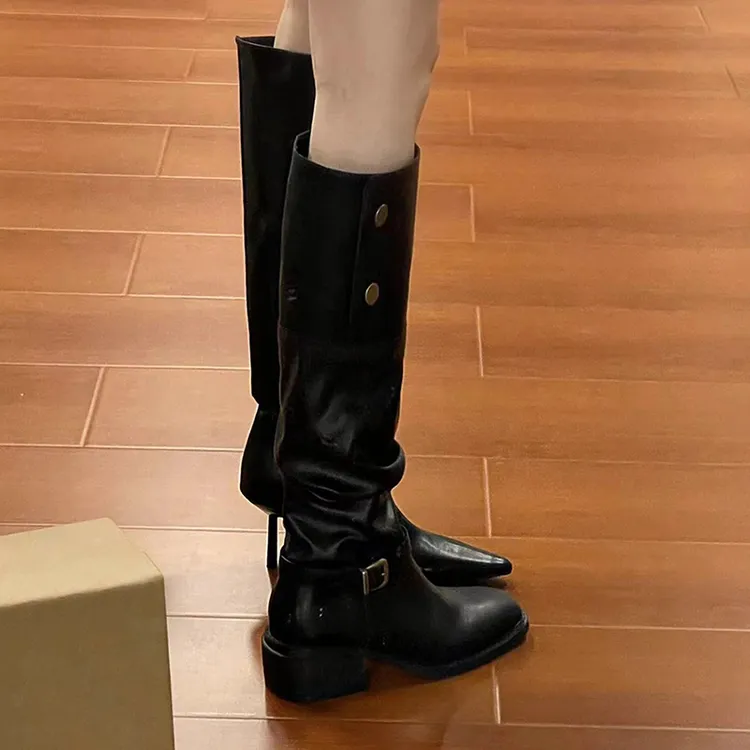 修饰腿型！2024欧货爆款靴子女长筒靴黑色高筒不过膝骑士靴堆堆靴