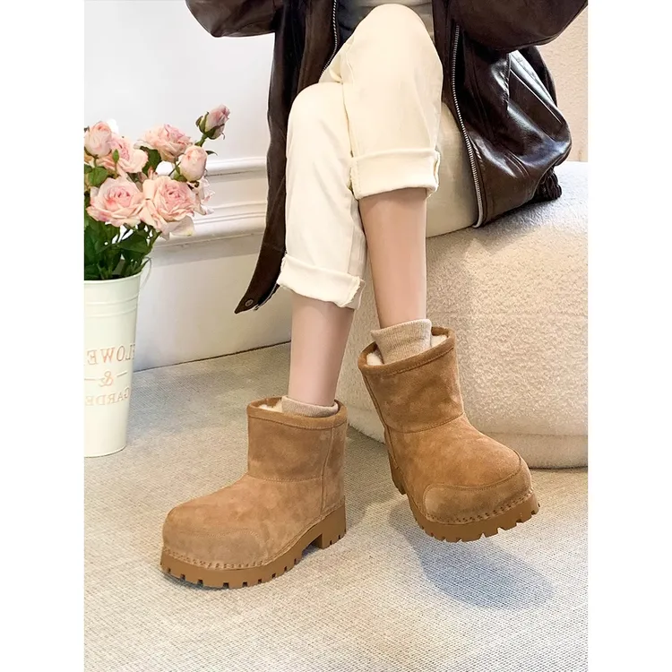 游今希~新款磨砂厚底丑萌雪地靴复古圆头加绒保暖大头短靴女棉鞋