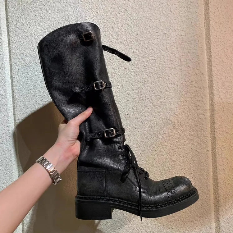 牛皮版~时髦精皮带扣复古百搭粗跟长筒骑士靴女厚底长靴高筒靴女