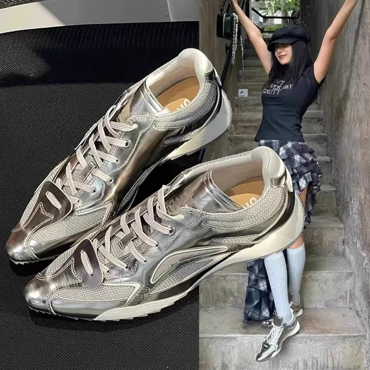 牛皮版~尖头运动鞋女2024秋季时尚百搭真皮德训鞋网红流行小银鞋