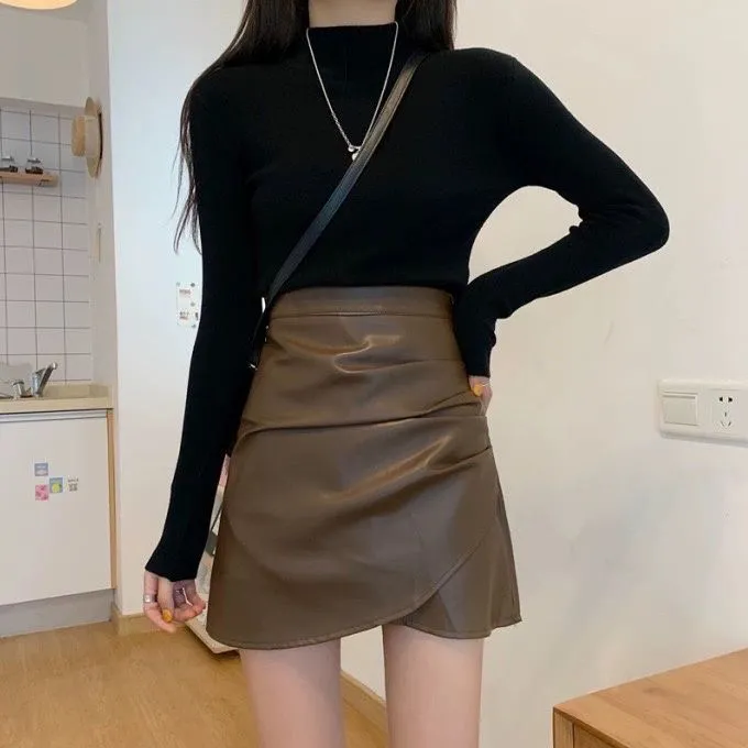 皮裙半身裙女2025秋冬新款高腰皱褶a字裙不规则显瘦时尚包臀短裙