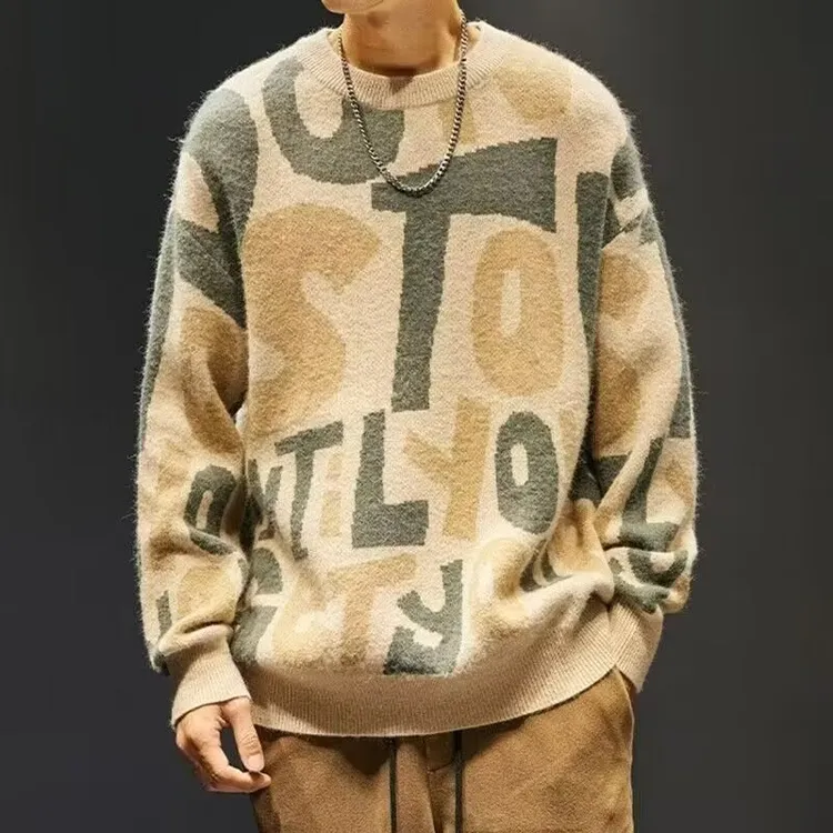 新款男冬季圆领秋冬毛衣针织衫美式复古加厚针织男装男士针织毛衣