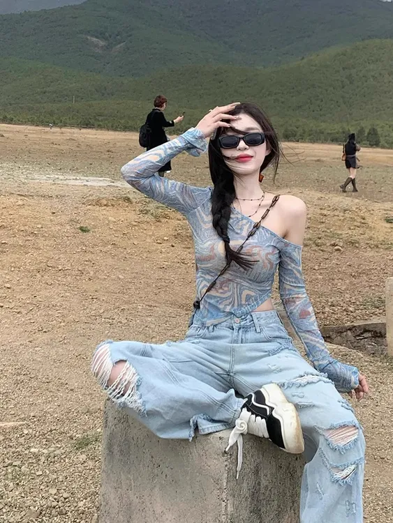 不规则露肩晕染防晒罩衫上衣女夏季修身紧身辣妹纯欲斜肩网纱上衣