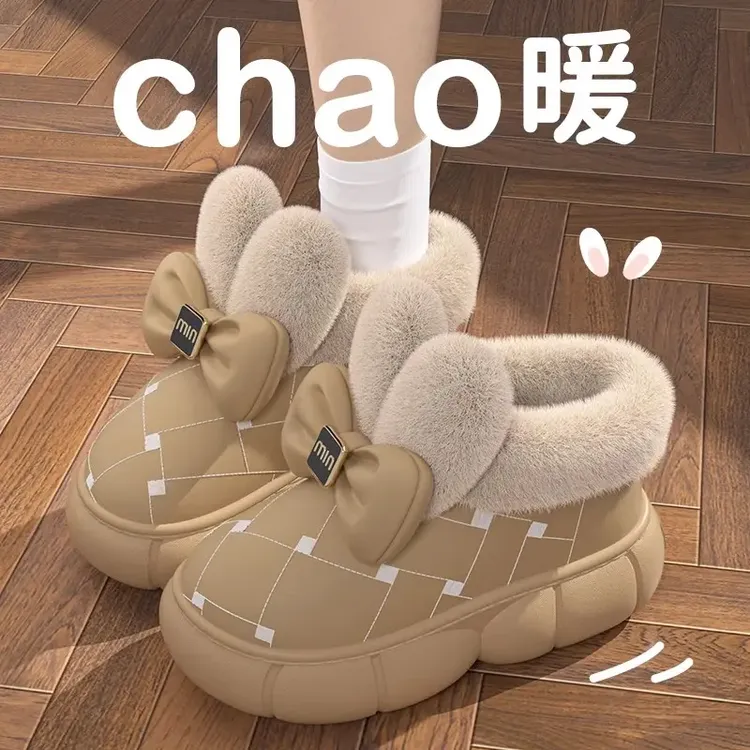 蝴蝶结防水包跟棉鞋女加绒保暖防滑厚底EVA秋冬季棉拖鞋加厚时尚