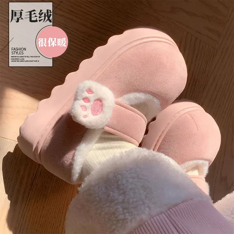 可爱猫爪棉鞋保暖加绒加厚魔术贴秋冬天居家外穿少女心一脚蹬女鞋