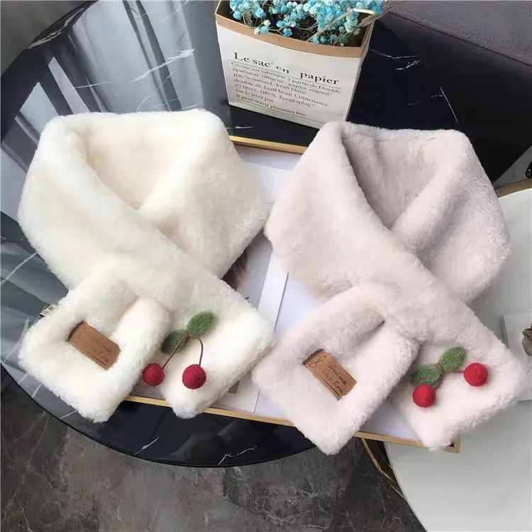 毛毛围巾女韩版百搭樱桃交叉可爱围脖冬季加厚保暖仿兔毛学生围巾