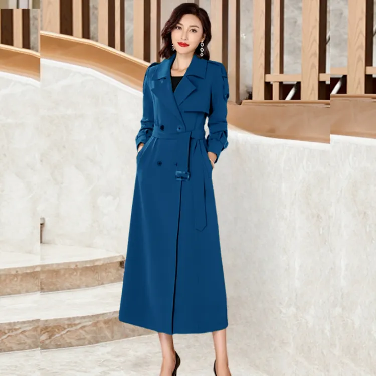 春秋款蓝色修身显瘦时尚高级感气质风衣长款系带新款高端长款外套
