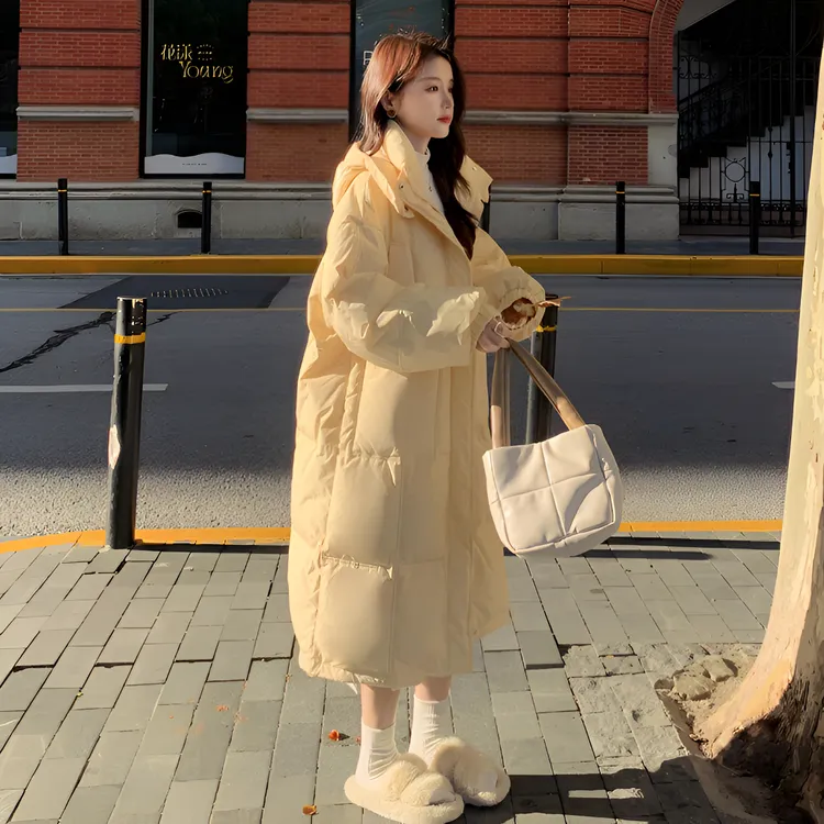 奶fufu黄色连帽棉服女长款2025年冬季新款棉衣加厚过膝棉袄外套--