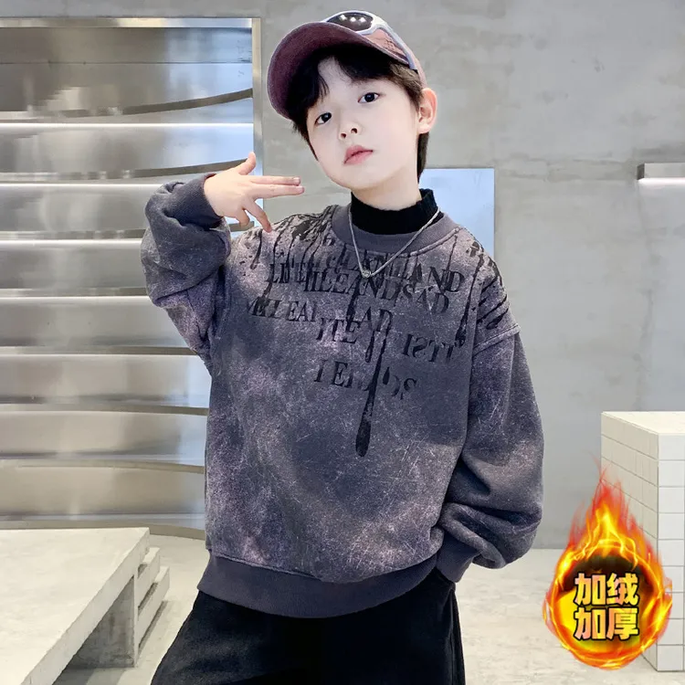 男童脏染假两件高领卫衣加绒加厚秋冬款儿童一体绒保暖上衣中大童