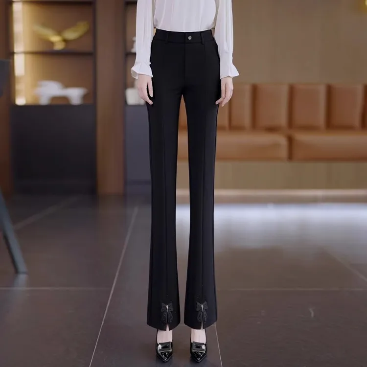 黑色微喇裤女春秋2024新款高腰显瘦垂感蝴蝶结开叉休闲西装喇叭裤