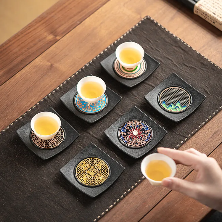 中式茶道杯垫四方珐琅彩茶杯托家用翘边茶桌防滑隔热垫六个收纳装