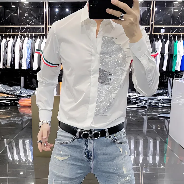 2025新款男士修身个性烫钻手臂织带拼接免烫衬衫潮牌欧货休闲衬衣