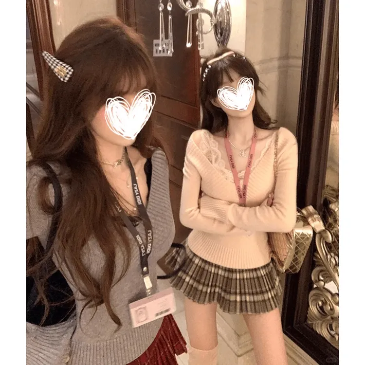 复古纯欲辣妹收腰毛衣针织上衣百搭学院风高级感V领打底衫套装