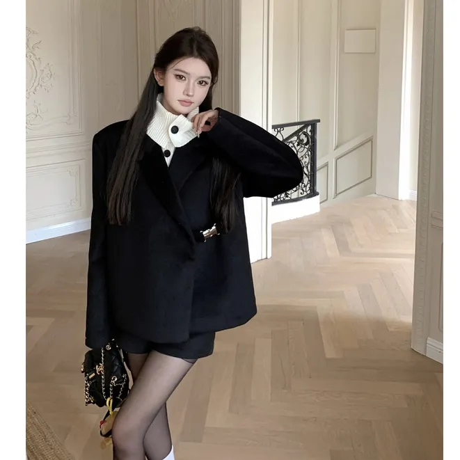 【矜贵千金】黑色加厚毛呢假两件西装套装女秋冬高腰短裤韩版两件套