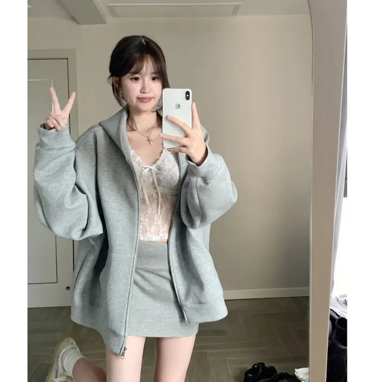 韩系宽松慵懒学院风连帽卫衣外套 开衫蕾丝V领打底衫包臀裙套装秋